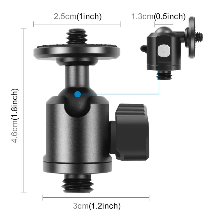 Adaptador de Cabeça de Bola de Tripé Metálico com Rosca Externa de 3/8 polegadas e Trava de Botão, Rosca Externa de 3/8 polegadas