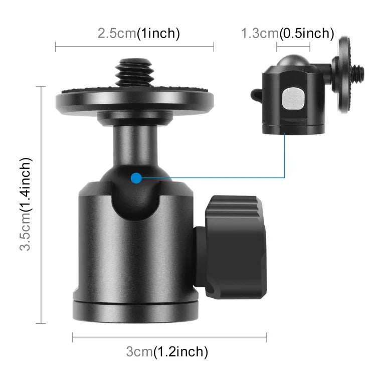 Adaptador de Cabeça de Bola para Tripé Metálico com Parafuso Interno de 1/4 polegada e Trava de Botão, Parafuso Interno 1/4 polegada