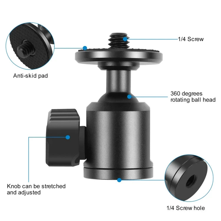 Adaptador de Cabeça de Bola para Tripé Metálico com Parafuso Interno de 1/4 polegada e Trava de Botão, Parafuso Interno 1/4 polegada