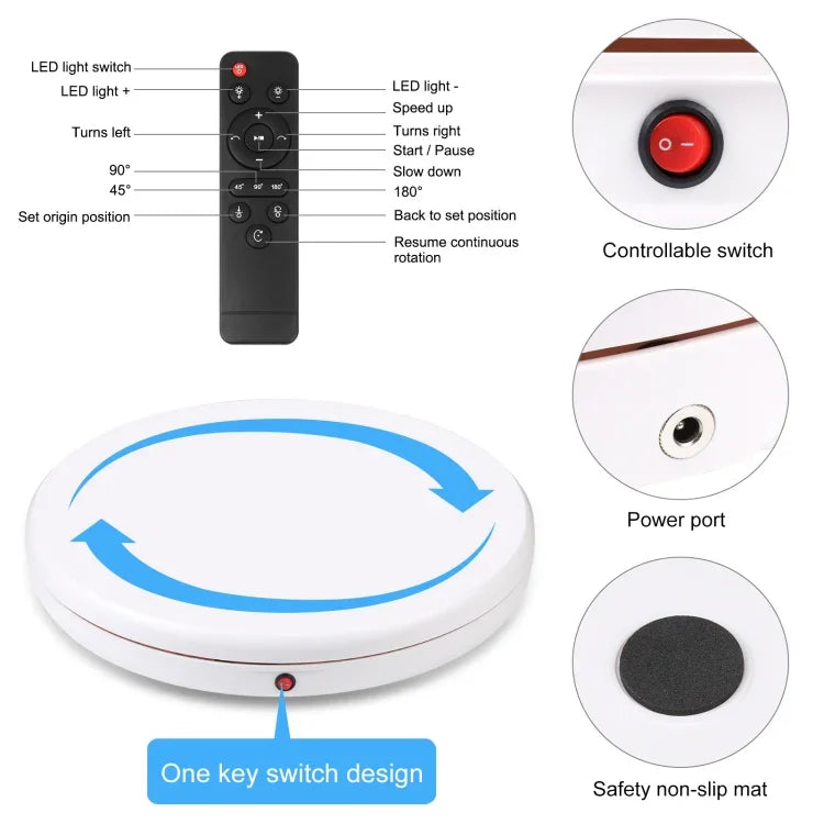PULUZ Suporte Giratório de Exposição com Controlo Remoto e Ajuste de Velocidade de 45cm, Branco, Carga 100kg, 45cm Carga 100kg Branco Ficha AU, 45cm Carga 100kg Branco Ficha EU, 45cm Carga 100kg Branco Ficha UK, 45cm Carga 100kg Branco Ficha US
