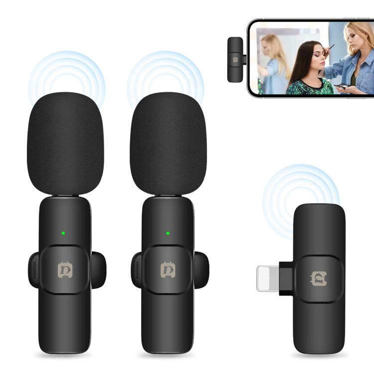Microfones Lavalier Sem Fios PULUZ com Redução de Ruído e Reverberação para iPhone / iPad, Receptor de 8 Pinos com Microfones Duplos, Receptor de 8 Pinos e Microfones Duplos