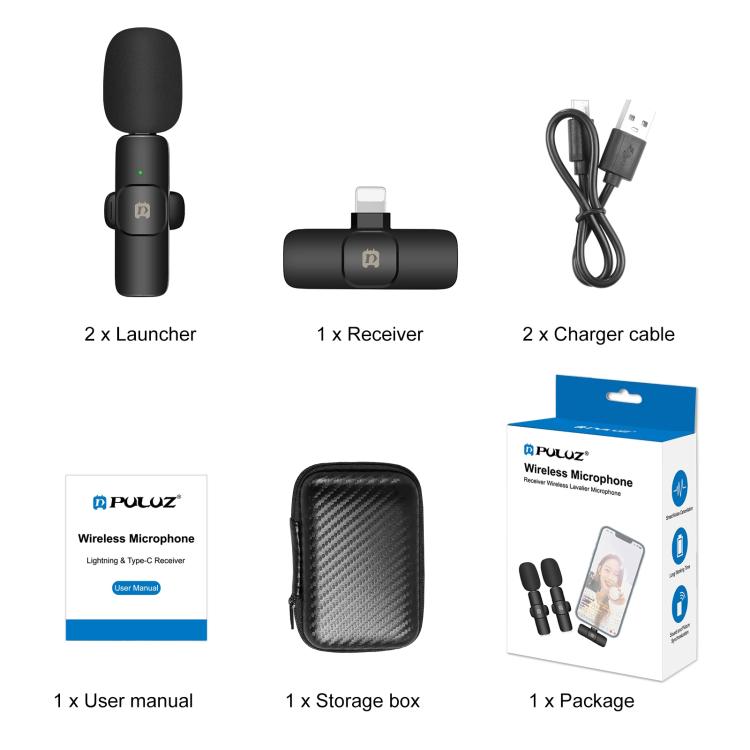 Microfones Lavalier Sem Fios PULUZ com Redução de Ruído e Reverberação para iPhone / iPad, Receptor de 8 Pinos com Microfones Duplos, Receptor de 8 Pinos e Microfones Duplos