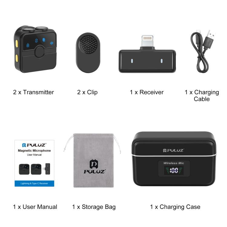 Microfone Lavalier Sem Fios Magnético PULUZ com Caixa de Carregamento, Receptor RX de 8 Pinos e 2 Microfones TX, 8 Pinos 2 TX + 1 RX, com Caixa de Carregamento
