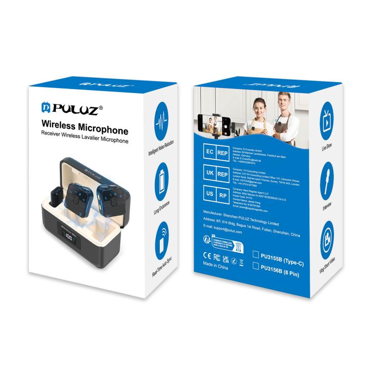 Microfone Lavalier Sem Fios Magnético PULUZ com Caixa de Carregamento, Receptor RX de 8 Pinos e 2 Microfones TX, 8 Pinos 2 TX + 1 RX, com Caixa de Carregamento