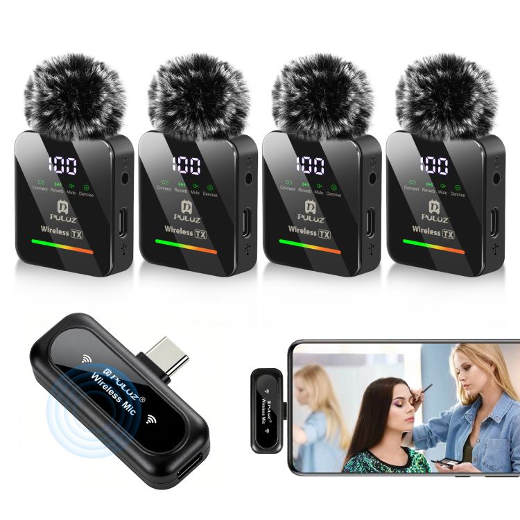 Microfone Lavalier Sem Fios PULUZ 4 TX + 1 RX, Tipo-C 4 TX + 1 RX