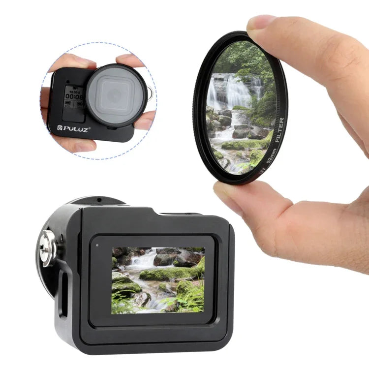 PULUZ Gaiola Protetora em Liga de Alumínio CNC com Estrutura de Segurança e Lente UV 52mm para GoPro HERO8 Black, Para HERO8 Black com Estrutura