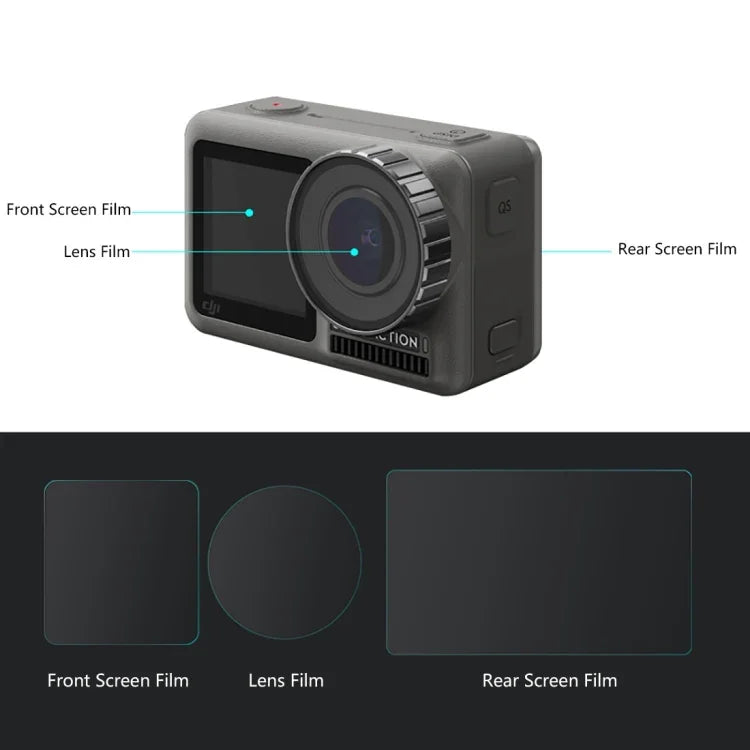 PULUZ Filme de Vidro Temperado 9H 2.5D para Lente + Ecrã LCD Frontal e Traseiro para DJI Osmo Action, Para DJI Osmo Action