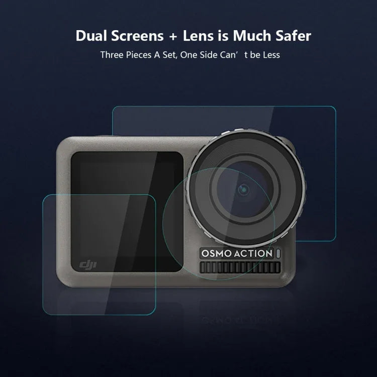 PULUZ Filme de Vidro Temperado 9H 2.5D para Lente + Ecrã LCD Frontal e Traseiro para DJI Osmo Action, Para DJI Osmo Action