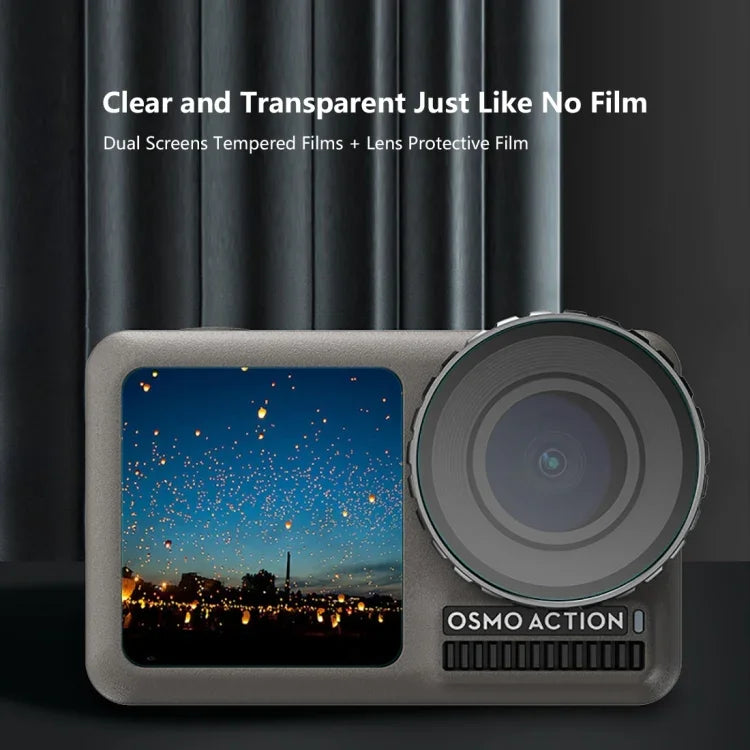 PULUZ Filme de Vidro Temperado 9H 2.5D para Lente + Ecrã LCD Frontal e Traseiro para DJI Osmo Action, Para DJI Osmo Action
