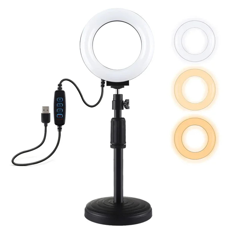 Suporte de Secretária com Base Redonda PULUZ + Anel LED USB Regulável de 4.7 polegadas 12cm com 3 Modos para Vlogging e Vídeo, Altura Ajustável: 15.5cm-25.5cm, Suporte de Secretária+4.7 polegadas