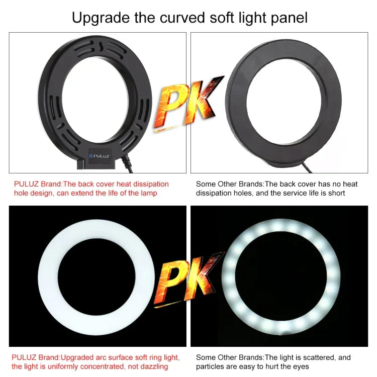 Suporte de Secretária com Base Redonda PULUZ + Anel LED USB Regulável de 4.7 polegadas 12cm com 3 Modos para Vlogging e Vídeo, Altura Ajustável: 15.5cm-25.5cm, Suporte de Secretária+4.7 polegadas
