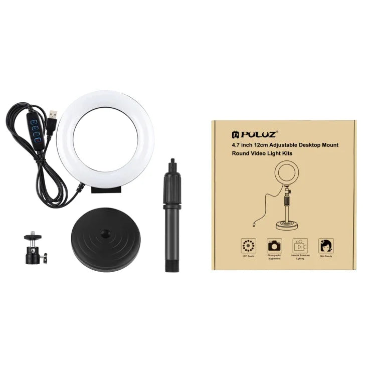Suporte de Secretária com Base Redonda PULUZ + Anel LED USB Regulável de 4.7 polegadas 12cm com 3 Modos para Vlogging e Vídeo, Altura Ajustável: 15.5cm-25.5cm, Suporte de Secretária+4.7 polegadas