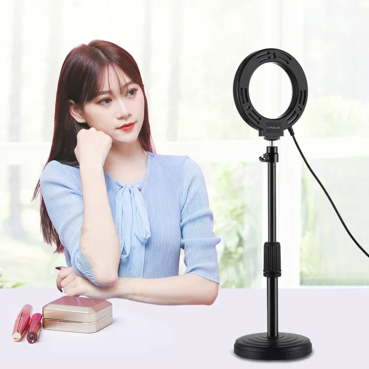 Suporte de Secretária com Base Redonda PULUZ + Anel LED USB Regulável de 4.7 polegadas 12cm com 3 Modos para Vlogging e Vídeo, Altura Ajustável: 15.5cm-25.5cm, Suporte de Secretária+4.7 polegadas