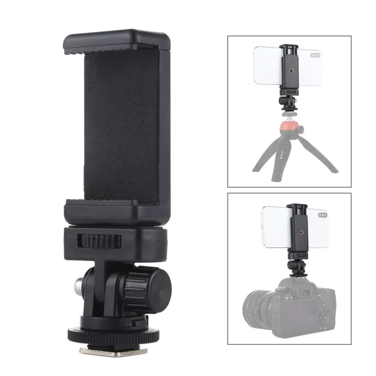 Adaptador de Montagem para Tripé com Sapata Fria e Rosca de 1/4 polegada PULUZ com Suporte para Telemóvel, Adaptador com Suporte para Telemóvel