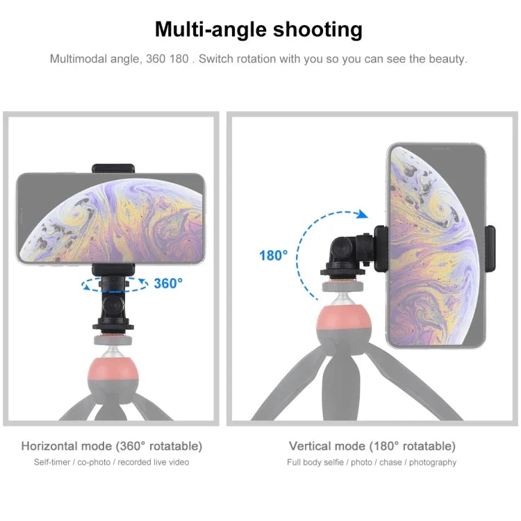 Adaptador de Montagem para Tripé com Sapata Fria e Rosca de 1/4 polegada PULUZ com Suporte para Telemóvel, Adaptador com Suporte para Telemóvel
