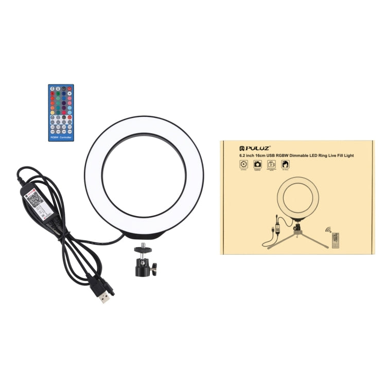 Anel LED RGBW Dimmable USB de 6,2 polegadas 16cm PULUZ para Vlogging, Fotografia e Vídeo com Tripé de Sapata Fria, Cabeça de Bola e Controlo Remoto, 6,2 polegadas RGBW / Remoto