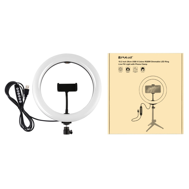 Anel LED RGBW Dimmable USB de 10,2 polegadas 26cm PULUZ para Vlogging, Fotografia e Vídeo com Tripé de Sapata Fria, Cabeça de Bola e Suporte para Telemóvel, 10,2 polegadas RGBW