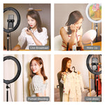 Anel LED RGBW Dimmable USB de 10,2 polegadas 26cm PULUZ para Vlogging, Fotografia e Vídeo com Tripé de Sapata Fria, Cabeça de Bola e Suporte para Telemóvel, 10,2 polegadas RGBW