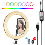 Anel LED RGBW Dimmable USB de 10,2 polegadas 26cm com Superfície Curva PULUZ para Vlogging, Fotografia e Vídeo com Tripé, Cabeça de Bola, Controlo Remoto e Suporte para Telemóvel, 10,2 polegadas RGBW