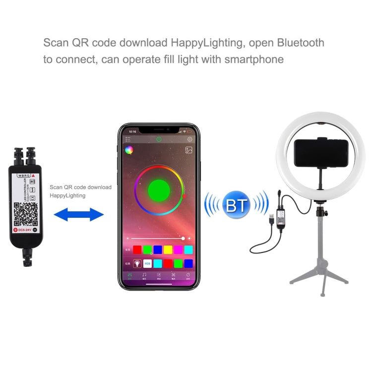 Anel LED RGBW Dimmable USB de 10,2 polegadas 26cm com Superfície Curva PULUZ para Vlogging, Fotografia e Vídeo com Tripé, Cabeça de Bola, Controlo Remoto e Suporte para Telemóvel, 10,2 polegadas RGBW