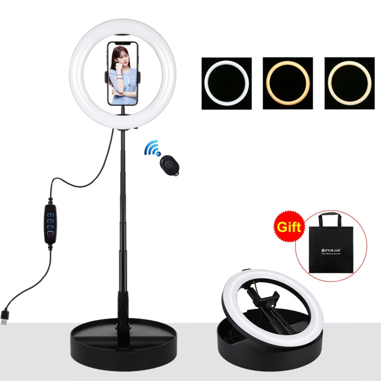 PULUZ Luzes de vídeo para vlogging, selfie e fotografia com anel LED curvo de 26cm (10,2 polegadas), USB, 3 modos, temperatura de cor dupla, regulável, com obturador remoto Bluetooth, suporte de secretária dobrável e suporte para telemóvel