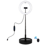 PULUZ Luzes de vídeo para vlogging, selfie e fotografia com anel LED curvo de 26cm (10,2 polegadas), USB, 3 modos, temperatura de cor dupla, regulável, com obturador remoto Bluetooth, suporte de secretária dobrável e suporte para telemóvel