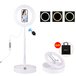 PULUZ Luzes de vídeo para vlogging, selfie e fotografia com anel LED curvo de 26cm (10,2 polegadas), USB, 3 modos, temperatura de cor dupla, regulável, com obturador remoto Bluetooth, suporte de secretária dobrável e suporte para telemóvel
