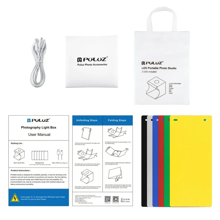PULUZ 20cm Inclui 2 Painéis LED Dobráveis Portáteis Kit de Iluminação para Estúdio Fotográfico com 1100LM e 6 Fundos Coloridos (Preto, Branco, Amarelo, Vermelho, Verde, Azul), Tamanho Desdobrado: 24cm x 23cm x 23cm, 20cm(2 LED/RU), 20cm(2 LED)
