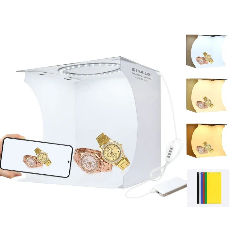 PULUZ Painel LED Circular de 23cm Painel Dobrável de Luz Portátil Kit de Caixa de Tenda para Fotografia com 6 Fundos de Cores (Preto, Branco, Amarelo, Vermelho, Verde, Azul), Tamanho Aberto: 24cm x 23cm x 23cm, Painel LED Circular 23cm