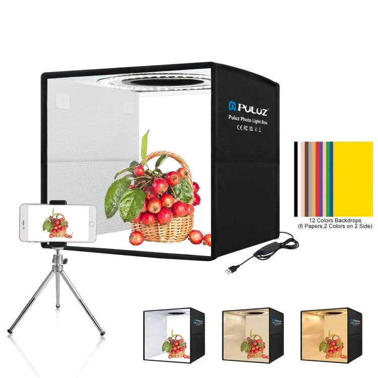 Caixa de Estúdio Dobrável Portátil PULUZ 25cm com Luz de Anel de Temperatura de Cor Dupla em 3 Modos para Fotografia com 6 Fundos de Cor Dupla Face, Tamanho: 25cm x 25cm x 25cm, Caixa Preta 25cm 3 Temp. Cor