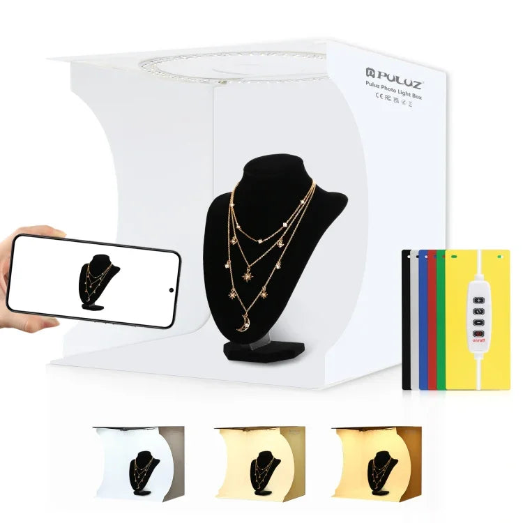 Kit de Tenda de Estúdio Fotográfico com Placa de Luz Anelar Dobrável Portátil 30cm PULUZ com 6 Fundos Coloridos (Preto, Branco, Amarelo, Vermelho, Verde, Azul), Tamanho Desdobrado: 31cm x 31cm x 32cm, Caixa 30cm