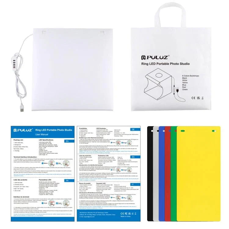 Kit de Tenda de Estúdio Fotográfico com Placa de Luz Anelar Dobrável Portátil 30cm PULUZ com 6 Fundos Coloridos (Preto, Branco, Amarelo, Vermelho, Verde, Azul), Tamanho Desdobrado: 31cm x 31cm x 32cm, Caixa 30cm