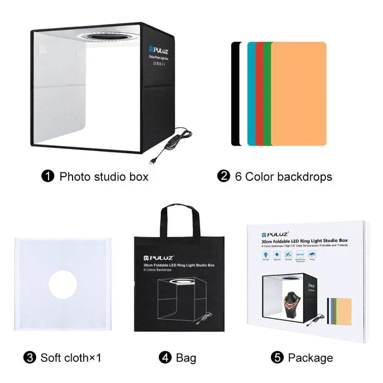 Kit de Tenda de Estúdio para Fotografia com Anel de Luz Dobrável PULUZ 30cm com 6 Cores de Fundo Preto / Branco / Laranja / Vermelho / Verde / Azul, Caixa Preta 30cm