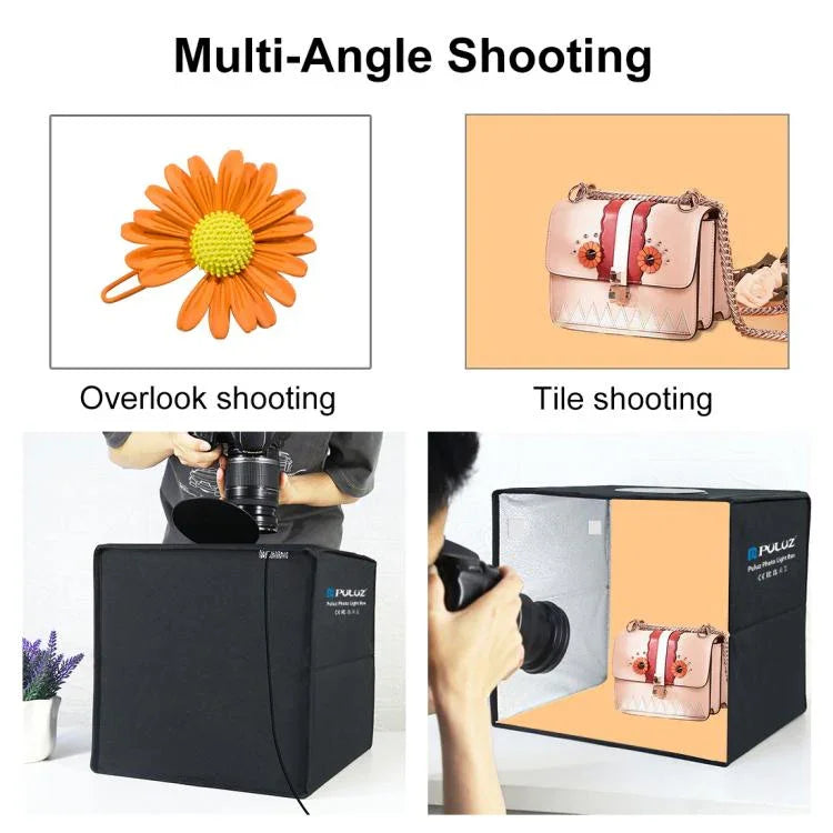 Kit de Tenda de Estúdio para Fotografia com Anel de Luz Dobrável PULUZ 30cm com 6 Cores de Fundo Preto / Branco / Laranja / Vermelho / Verde / Azul, Caixa Preta 30cm