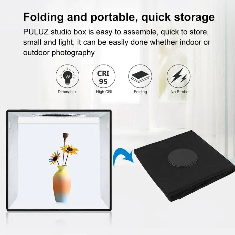 Kit de Tenda de Estúdio para Fotografia com Anel de Luz Dobrável PULUZ 30cm com 6 Cores de Fundo Preto / Branco / Laranja / Vermelho / Verde / Azul, Caixa Preta 30cm
