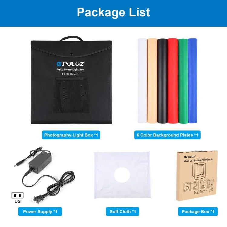PULUZ 40cm Tenda de Estúdio Fotográfico Portátil Dobrável com Luz Branca Regulável, Kit com 6 Cores (Preto, Laranja, Branco, Vermelho, Verde, Azul) Fundos, Caixa 40cm (EUA), Caixa 40cm (RU), Caixa 40cm (UE), Caixa 40cm (AU)