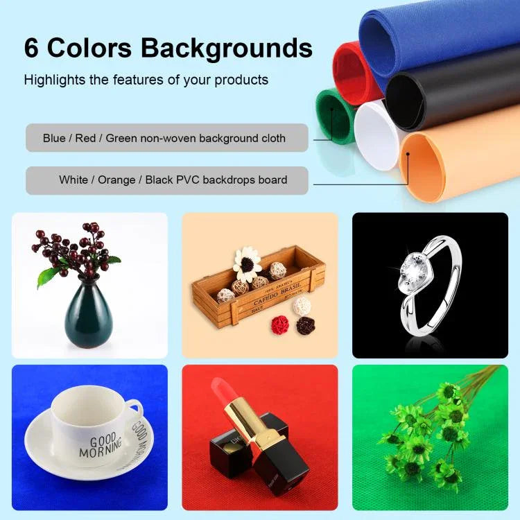 PULUZ 40cm Tenda de Estúdio Fotográfico Portátil Dobrável com Luz Branca Regulável, Kit com 6 Cores (Preto, Laranja, Branco, Vermelho, Verde, Azul) Fundos, Caixa 40cm (EUA), Caixa 40cm (RU), Caixa 40cm (UE), Caixa 40cm (AU)