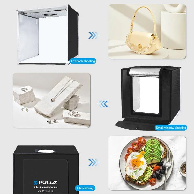PULUZ 40cm Tenda de Estúdio Fotográfico Portátil Dobrável com Luz Branca Regulável, Kit com 6 Cores (Preto, Laranja, Branco, Vermelho, Verde, Azul) Fundos, Caixa 40cm (EUA), Caixa 40cm (RU), Caixa 40cm (UE), Caixa 40cm (AU)