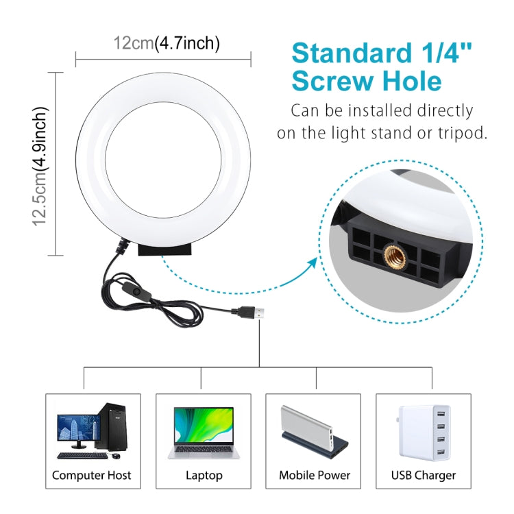 PULUZ Luzes de vídeo para selfie, beleza e vlogging com anel LED branco USB de superfície curva 12cm (4,7 polegadas)