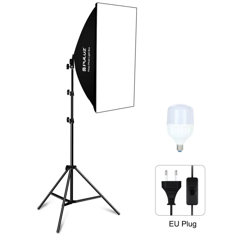 Kit Fotográfico PULUZ Softbox de Estúdio 50x70cm + Suporte de Tripé de 2m + Lâmpada LED E27 30W 5700K Luz Branca 220V, Lâmpada Única Ficha UE, Lâmpada Única Ficha EUA