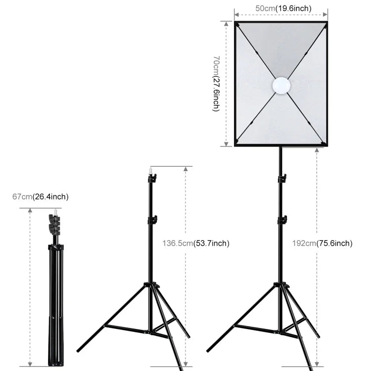 Kit Fotográfico PULUZ Softbox de Estúdio 50x70cm + Suporte de Tripé de 2m + Lâmpada LED E27 30W 5700K Luz Branca 220V, Lâmpada Única Ficha UE, Lâmpada Única Ficha EUA