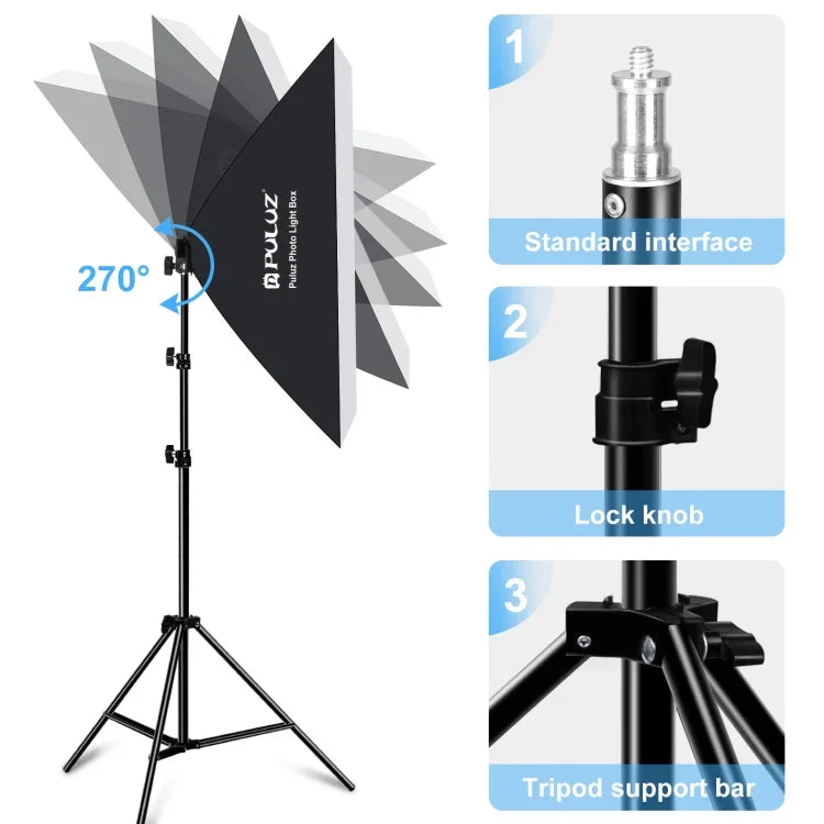 Kit Fotográfico PULUZ Softbox de Estúdio 50x70cm + Suporte de Tripé de 2m + Lâmpada LED E27 30W 5700K Luz Branca 220V, Lâmpada Única Ficha UE, Lâmpada Única Ficha EUA