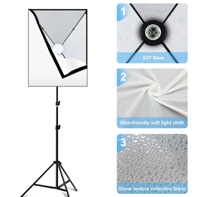 Kit Fotográfico PULUZ Softbox de Estúdio 50x70cm + Suporte de Tripé de 2m + Lâmpada LED E27 30W 5700K Luz Branca 220V, Lâmpada Única Ficha UE, Lâmpada Única Ficha EUA