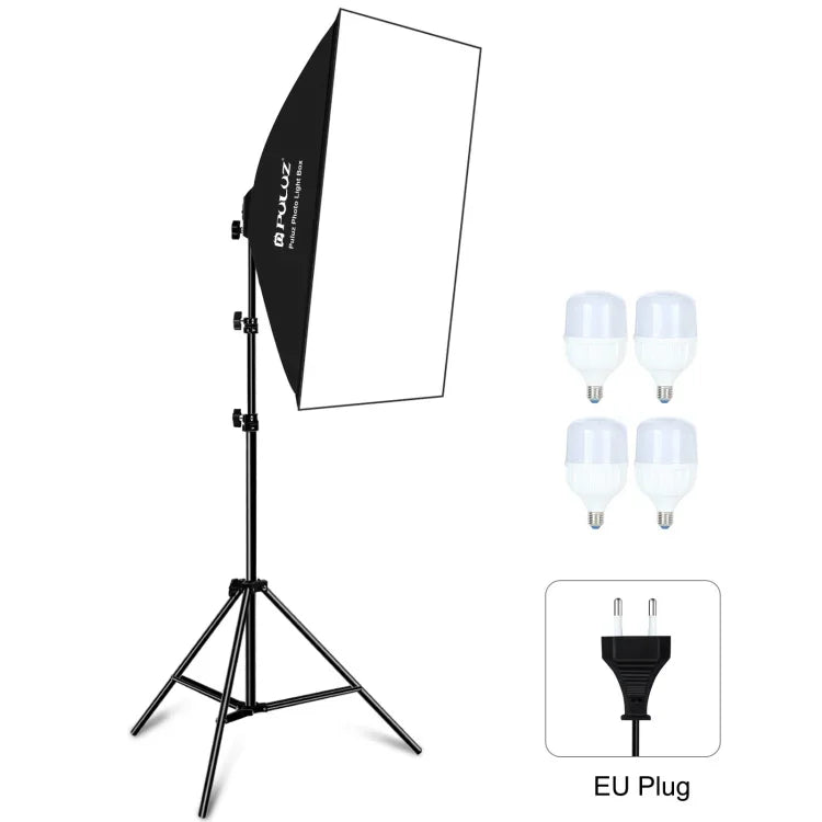 Kit de Iluminação Fotográfica PULUZ Softbox de Estúdio 50x70cm + Suporte de Tripé de 2m + 4 Lâmpadas LED E27 20W 5700K Luz Branca 220V, 4 Lâmpadas Ficha UE, 4 Lâmpadas Ficha EUA
