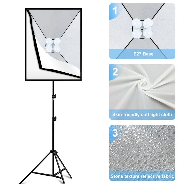 Kit de Iluminação Fotográfica PULUZ Softbox de Estúdio 50x70cm + Suporte de Tripé de 2m + 4 Lâmpadas LED E27 20W 5700K Luz Branca 220V, 4 Lâmpadas Ficha UE, 4 Lâmpadas Ficha EUA