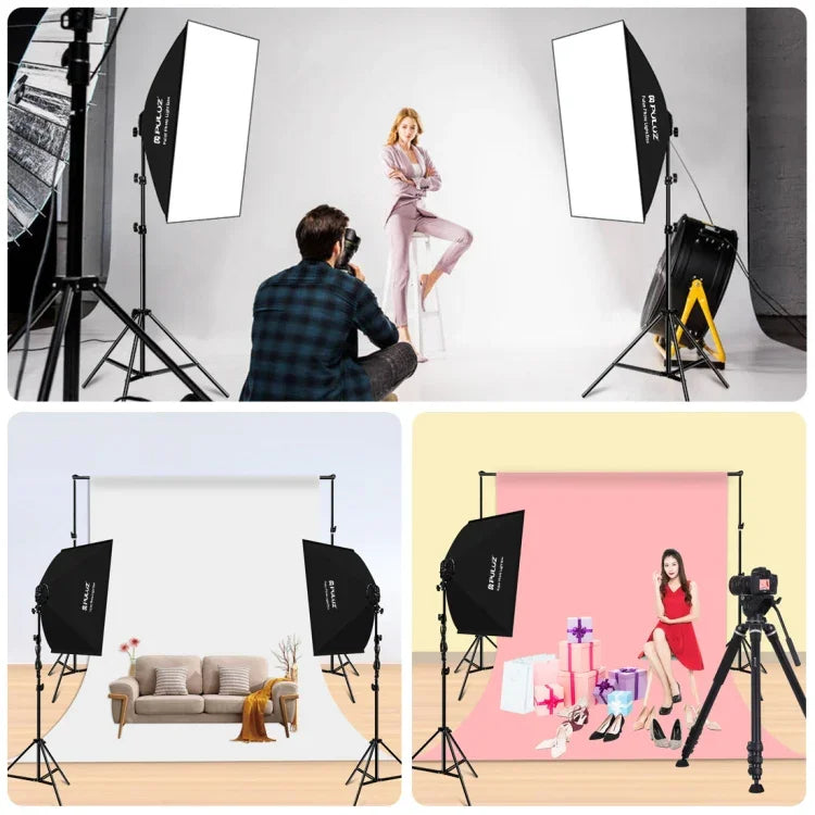 Kit de Iluminação Fotográfica PULUZ Softbox de Estúdio 50x70cm + Suporte de Tripé de 2m + 4 Lâmpadas LED E27 20W 5700K Luz Branca 220V, 4 Lâmpadas Ficha UE, 4 Lâmpadas Ficha EUA