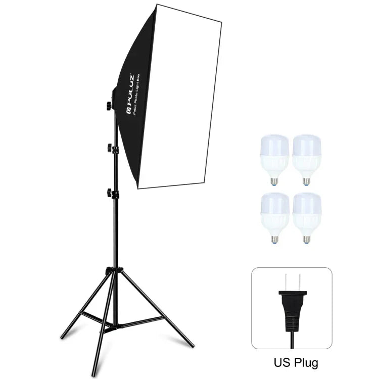 Kit de Iluminação Fotográfica PULUZ Softbox de Estúdio 50x70cm + Suporte de Tripé de 2m + 4 Lâmpadas LED E27 20W 5700K Luz Branca 220V, 4 Lâmpadas Ficha UE, 4 Lâmpadas Ficha EUA