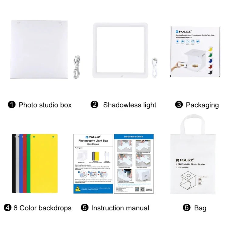 PULUZ Mini Painel de Luz LED Fotográfica Sem Sombra + Tenda de Estúdio para Fotografia, Material Acrílico, Área Efectiva 20cm x 20cm, 20cm (2 LED) + Luz Sem Sombra