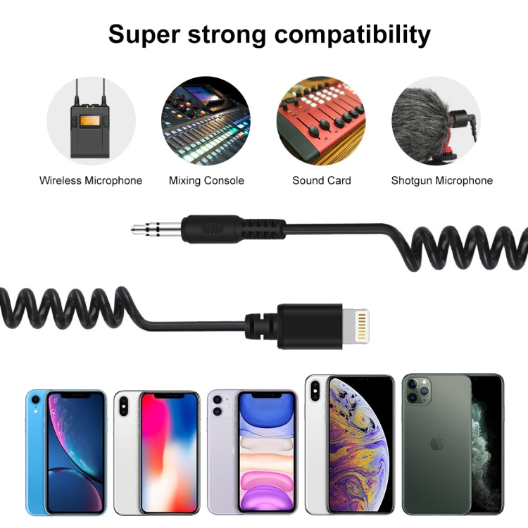 PULUZ Cabo adaptador de áudio para microfone ao vivo macho TRRS 3,5mm para macho 8 pinos com mola enrolada para iPhone, cabo esticável até 100cm