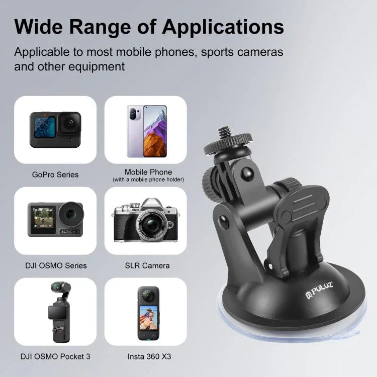 Suporte de Ventosa para Carro PULUZ com Parafuso & Adaptador de Suporte para Tripé & Bolsa de Armazenamento para GoPro, Insta360, DJI e Outras Câmaras de Ação, Suporte de Ventosa